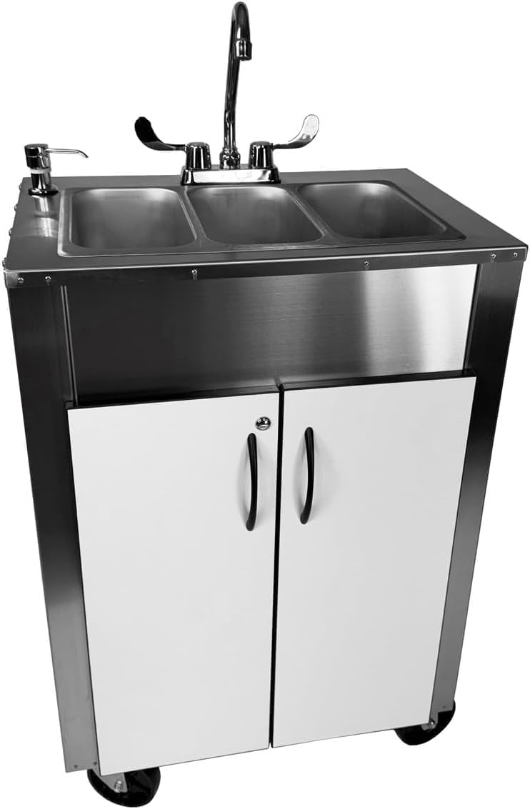 Pinnacle Portable Sink Hand Wash Station– (3-Basin) Stainless Steel Portable Sink with Hot Water–Portable Handwashing Station for Health & Beauty, Medical Facilities, Daycare, Pop-Up & Food Service