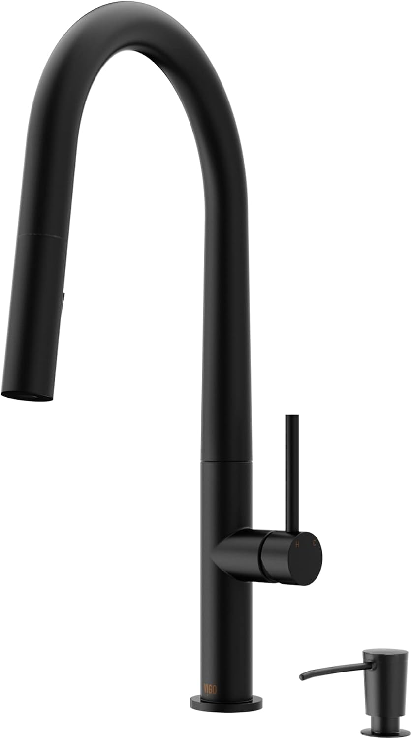VIGO Greenwich 18'' H Single Handle Pull-Down Sprayer Kitchen Faucet Set with Soap Dispenser in Matte Black-VG02029MBK2