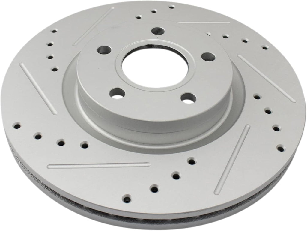 TRQ Performance Front Brake Pad and Rotor Set Ceramic Drilled Slotted Coated Vented Rotors Compatible with 13-17 Ford C-Max 13-19 Escape 08-13 Volvo C30 06-12 C70 04-11 S40 05-11 V50