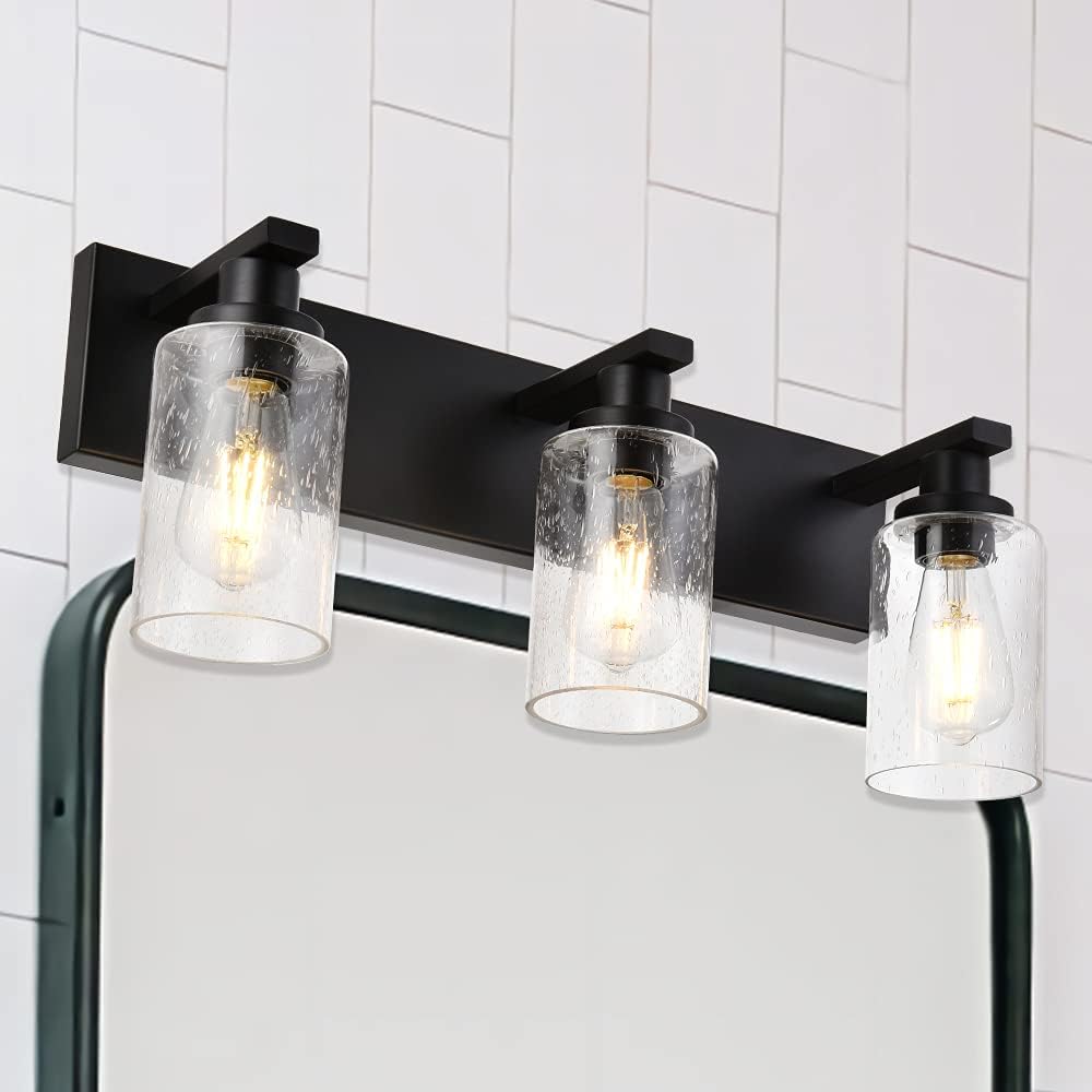 Vanity Lights 3-Lights Bathroom Light Fixtures Over Mirror in Black Finished, Bath Wall Lighting with Cylinder Seeded Glass