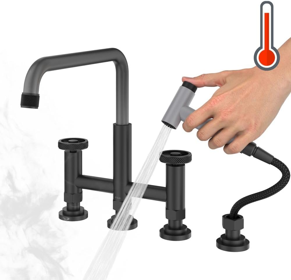 KRAUS Urbix Color-Changing Industrial Bridge Kitchen Faucet with Side Sprayer and ColorSmart Technology in Matte Black/Grey, KPF-3125MBGRCC