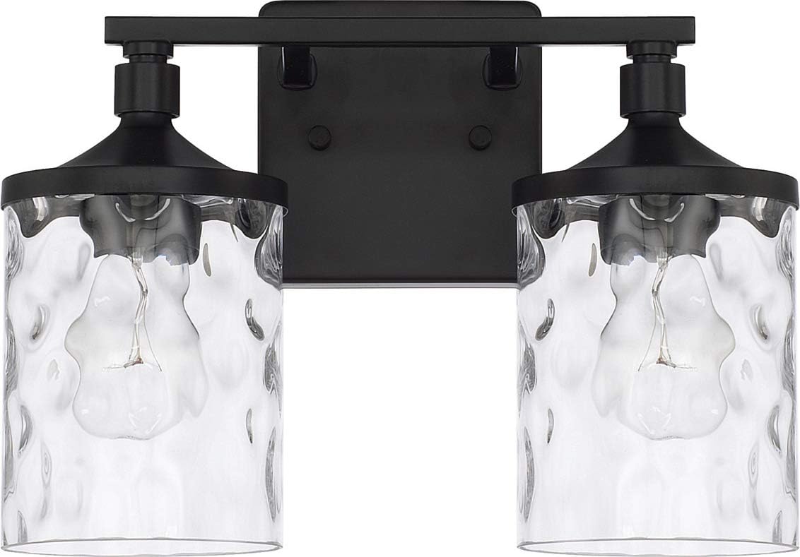 HomePlace Lighting 128821MB-451 Colton Mid-Century Clear Water Glass Bathroom Vanity Wall Light, 2-Light 200 Total Watts, 10' H x 13' W, Matte Black