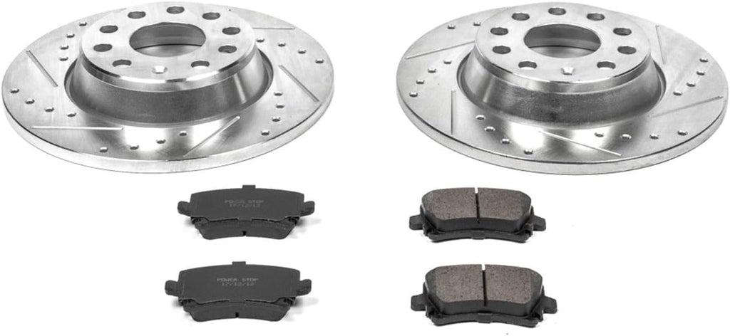 PowerStop Rear Brake Kit for Audi A3 2006-09 |A3 Quattro 2006-09 |Volkswagen GTI 2006-10 |Jetta 2006-10 - Drilled and Slotted Disc Rotors with Carbon-Fiber Ceramic Brake Pads Replacement, K2261
