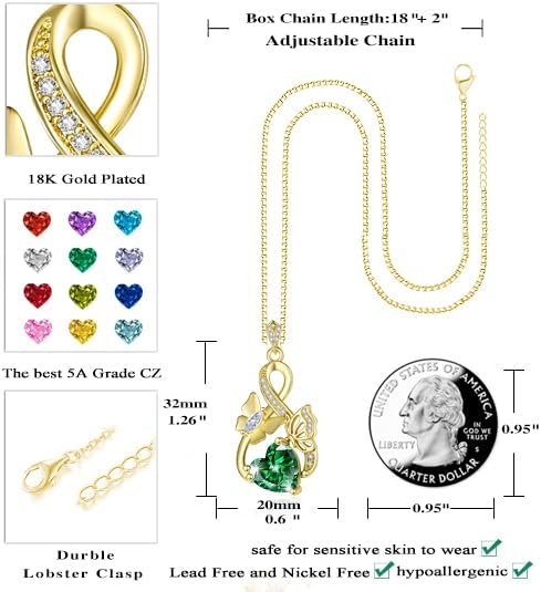 Gold Jewelry for Women Wife Infinity Necklace 18K White Gold Plated Dainty Butterfly Pendant with Heart Birthstone - Anniversary Necklaces for Women Birthday Gift Ideas Present for Girlfriend Mom Daughter