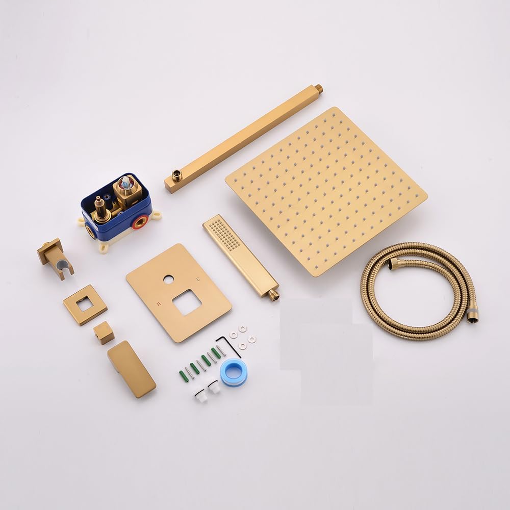 Brushed Gold Shower System, Golden Shower Fixture with 12 Inch Rain Shower Head and Handheld Shower Head, Rainfall Shower Faucet with Brass Valve for Bathroom