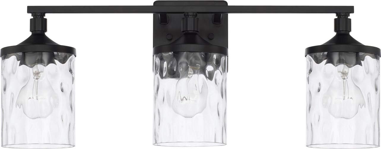 HomePlace Lighting 128831MB-451 Colton Mid-Century Clear Water Glass Bathroom Vanity Wall Light, 3-Light 300 Total Watts, 10' H x 24' W, Matte Black