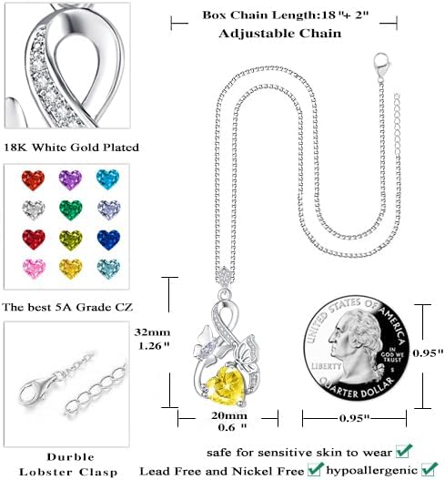 Gold Jewelry for Women Wife Infinity Necklace 18K White Gold Plated Dainty Butterfly Pendant with Heart Birthstone - Anniversary Necklaces for Women Birthday Gift Ideas Present for Girlfriend Mom Daughter