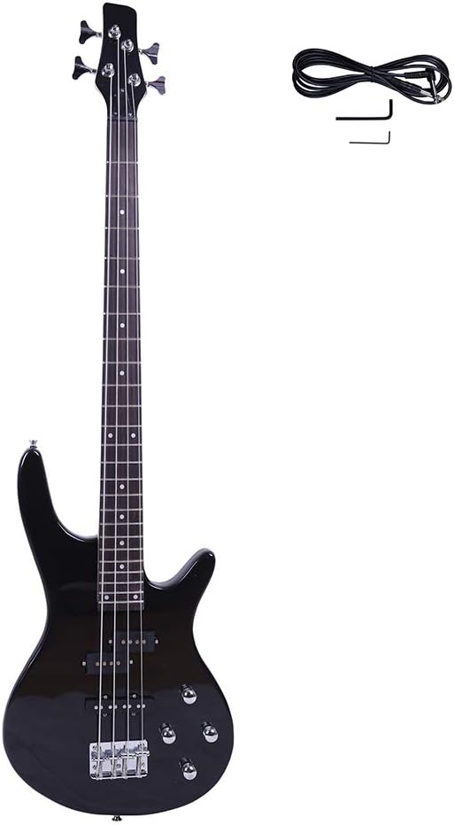 GLARRY Electric Bass Guitar Full Size 4 String Exquisite Stylish Bass with Power Line and Wrench Tool (Black)