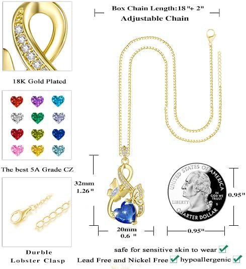 Gold Jewelry for Women Wife Infinity Necklace 18K White Gold Plated Dainty Butterfly Pendant with Heart Birthstone - Anniversary Necklaces for Women Birthday Gift Ideas Present for Girlfriend Mom Daughter