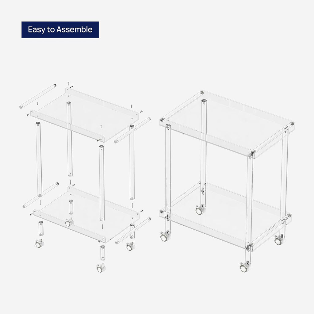 HMYHUM Acrylic Bar Cart, Rolling Serving Cart with 4 Lockable Wheels for the Home Bar, Kitchen, Living Room, Modern, 2-Tier, 23.6' L x 15' W x 30' H, Clear