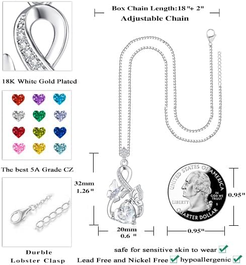 Gold Jewelry for Women Wife Infinity Necklace 18K White Gold Plated Dainty Butterfly Pendant with Heart Birthstone - Anniversary Necklaces for Women Birthday Gift Ideas Present for Girlfriend Mom Daughter