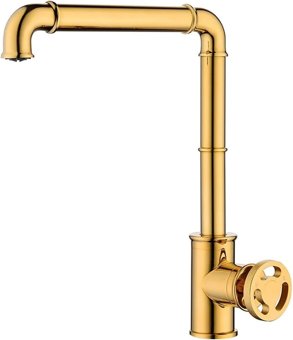 Kitchen Faucets Retro Industrial Style Brass Crane Bathroom Faucets Hot and Cold Water Mixer Tap(Gold)