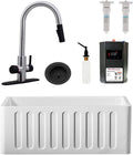 Westbrass BK124WH-2062 24' Single Bowl Reversible Apron Front Solid Surface Kitchen Sink with 4 in 1 Function Faucet, Dual Water Filters, Drain Basket and Soap Dispenser, Stainless Steel/Matte Black