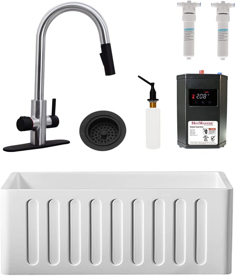 Westbrass BK124WH-2062 24' Single Bowl Reversible Apron Front Solid Surface Kitchen Sink with 4 in 1 Function Faucet, Dual Water Filters, Drain Basket and Soap Dispenser, Stainless Steel/Matte Black