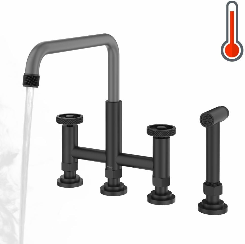 KRAUS Urbix Color-Changing Industrial Bridge Kitchen Faucet with Side Sprayer and ColorSmart Technology in Matte Black/Grey, KPF-3125MBGRCC