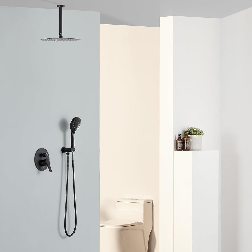 Matte Black Shower System With 12 Inches Rainfall Head and Handheld Set, High Pressure Faucet With Brass Valve for Bathroom Ceiling Mounted Fixture