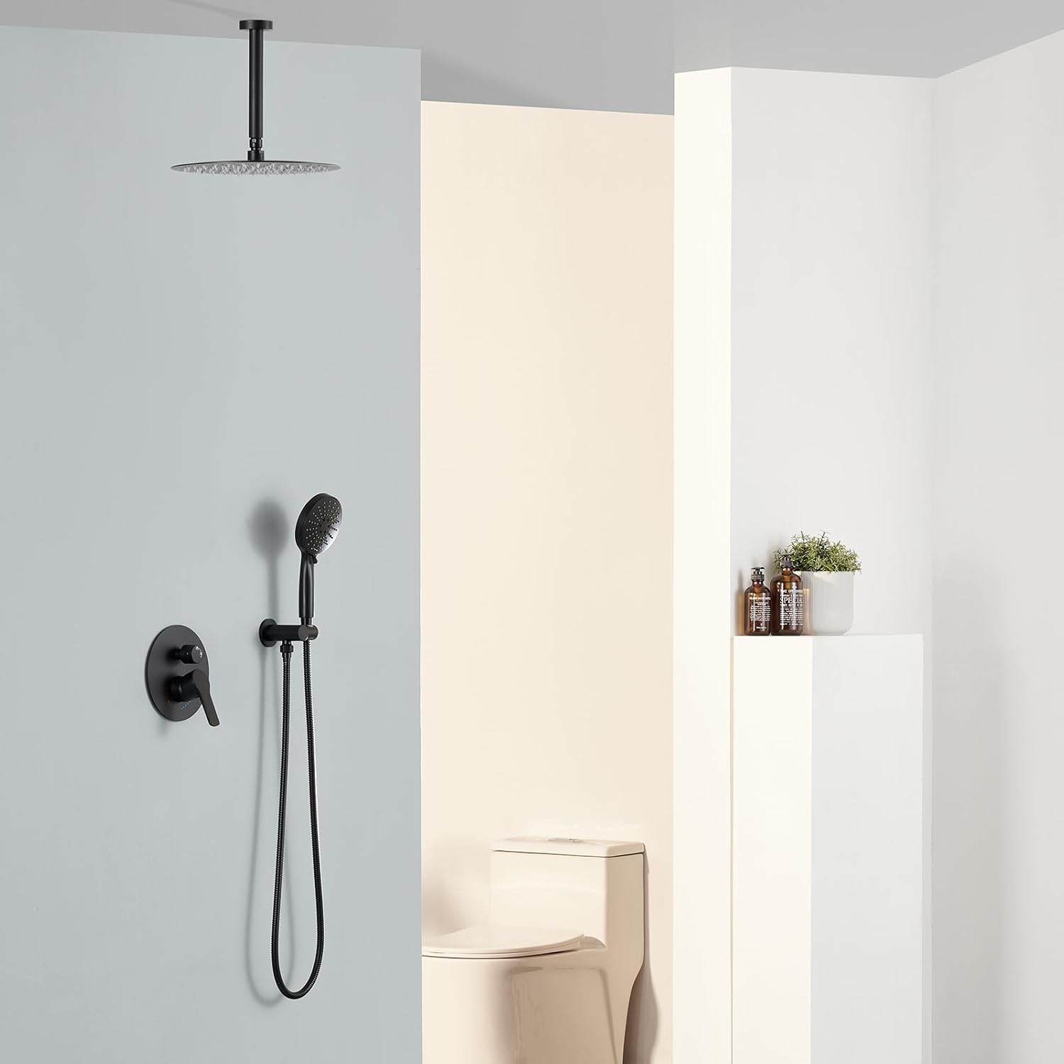 Matte Black Shower System With 12 Inches Rainfall Head and Handheld Set, High Pressure Faucet With Brass Valve for Bathroom Ceiling Mounted Fixture