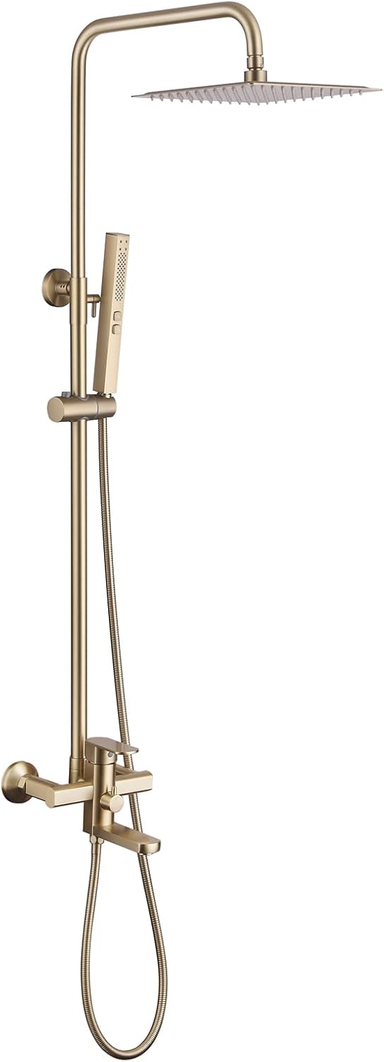 Exposed Shower System 10' Brushed Gold Rainfall Shower Head with 2 Modes Handheld and Tub Faucet Set, Square Shower Head 3 Functions Outdoor Shower Fixtures with Brass Valve, Height Adjustable