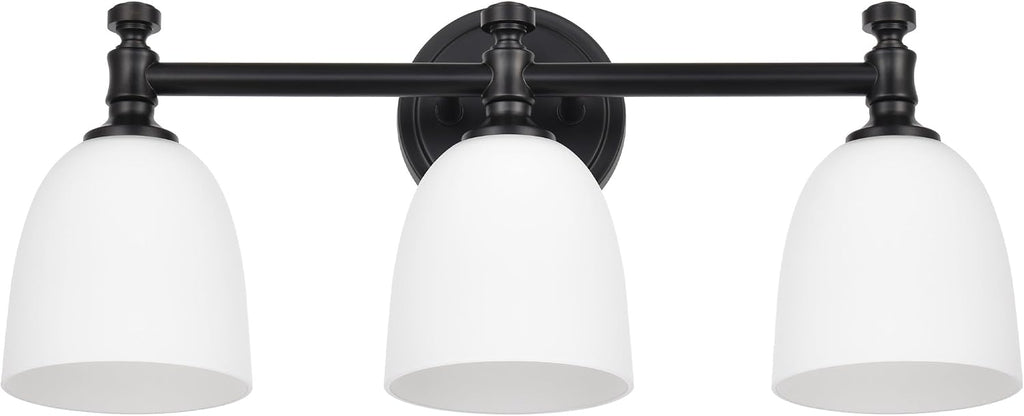 Black Bathroom Vanity Light, 3-Light Bathroom Light Fixtures Over Mirror, Traditional Vanity Lights for Living Room, Milk White Bell Glass Shades, Standard E26 Base, Matte Black