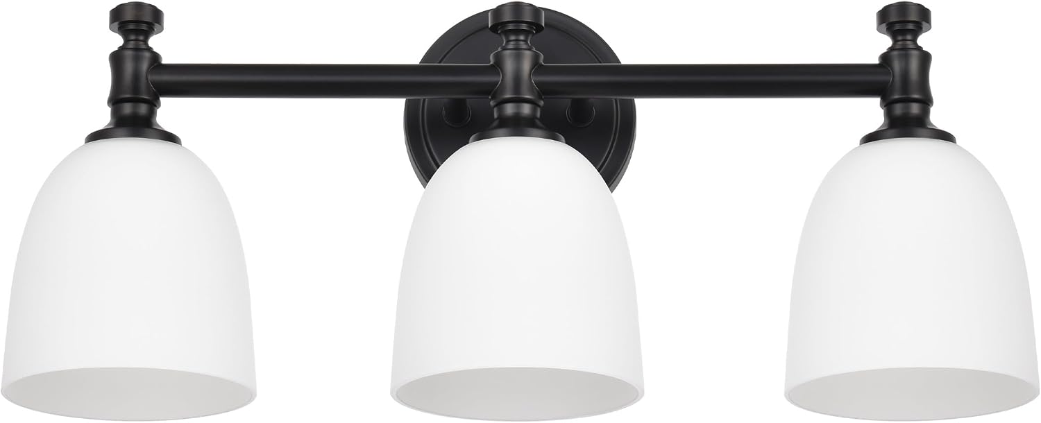 Black Bathroom Vanity Light, 3-Light Bathroom Light Fixtures Over Mirror, Traditional Vanity Lights for Living Room, Milk White Bell Glass Shades, Standard E26 Base, Matte Black