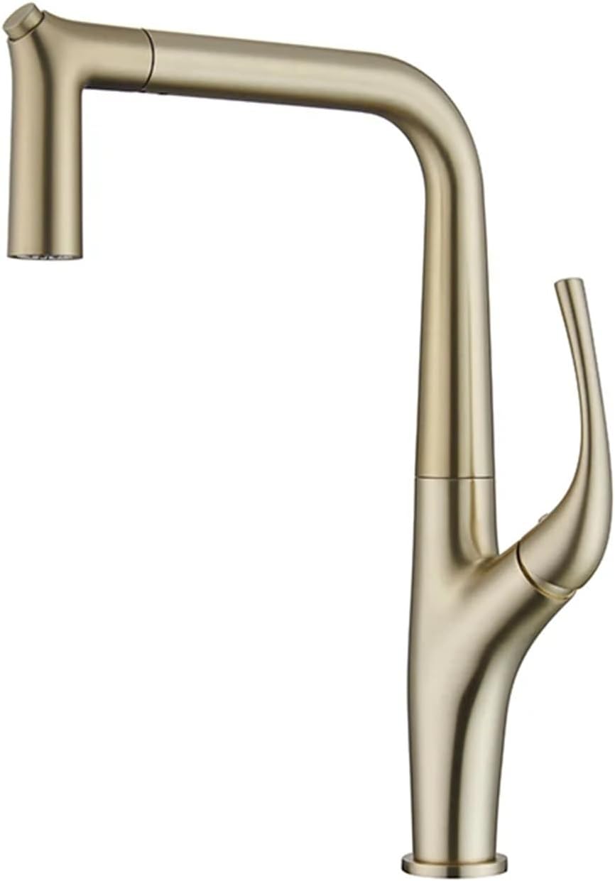 Kitchen Faucet Pull Out Single Lever Brass Rotation Hot and Cold Water Saving Decked Sink Mixer Tap(Brush Gold)