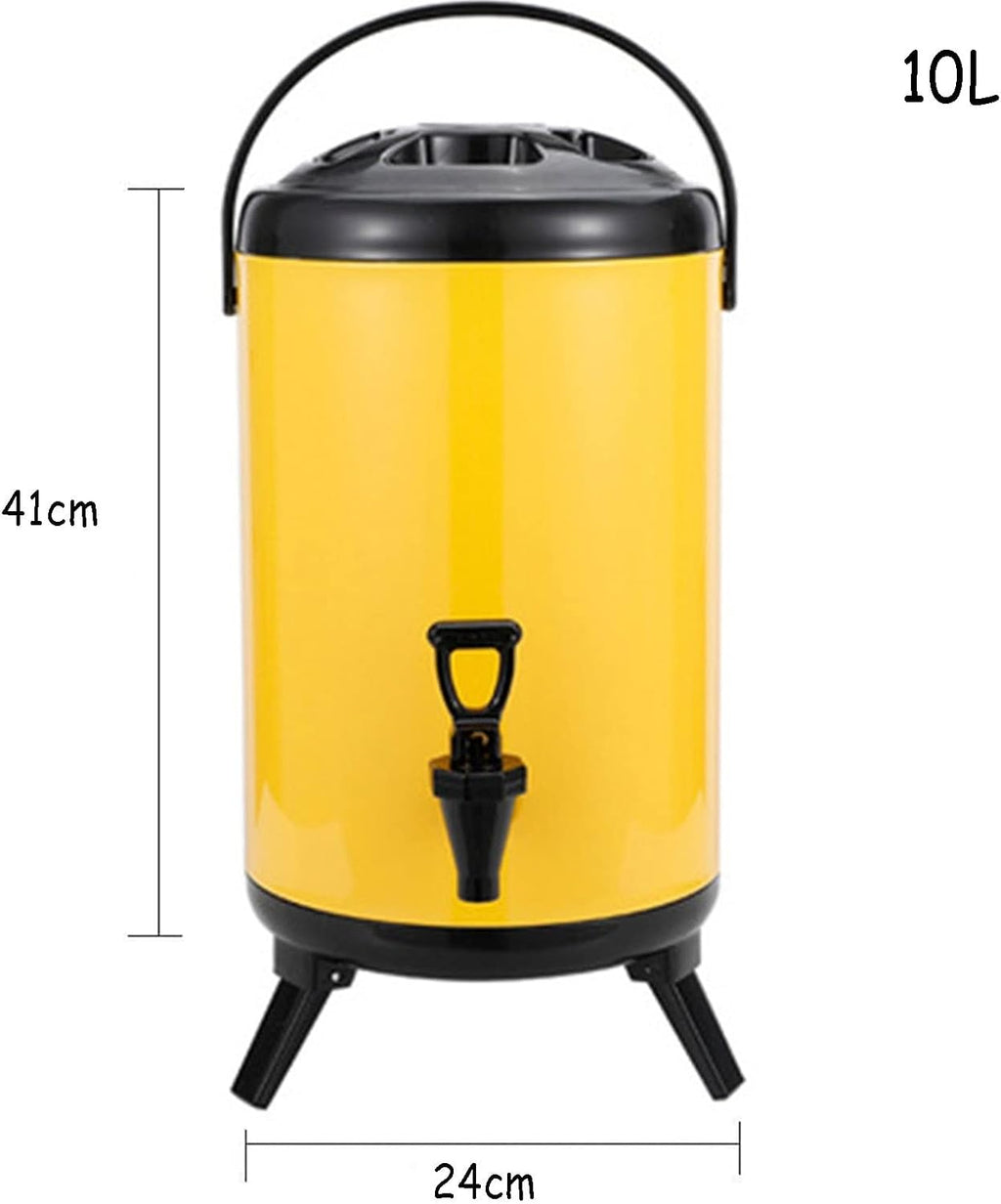 Milk Tea Bucket Insulated Barrel, 8L/10L/12L, Stainless Steel Hot & Cold Drinks Dispenser, Hot Water Kettle Dispenser with Faucet and Foldable Tripod, for Coffee, Tea, Water, Milk, etc (Yellow 10L)