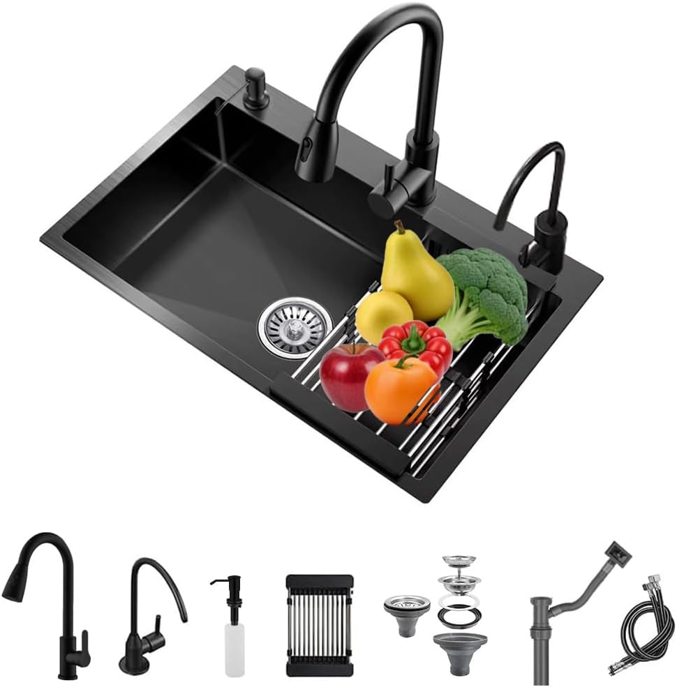 21.7 x 17.7 Inch Black Single Bowl Sink with faucet,Large Capacity Stainless Steel Drop In Kitchen Sink,Topmount Utility Workstation Sink With Multiple Accessories