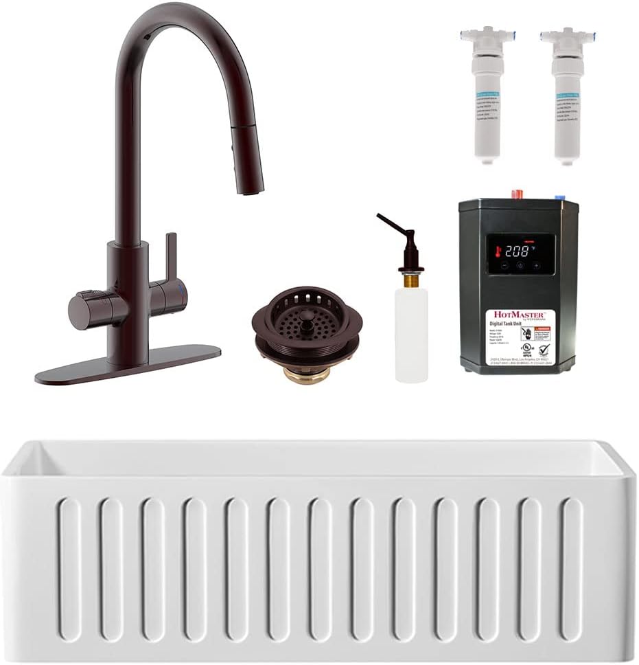 Westbrass BK13341-12 33' Single Bowl Reversible Apron Front Solid Surface Kitchen Sink with 4 in 1 Function Faucet, Dual Water Filters, Drain Basket and Soap Dispenser, Oil Rubbed Bronze