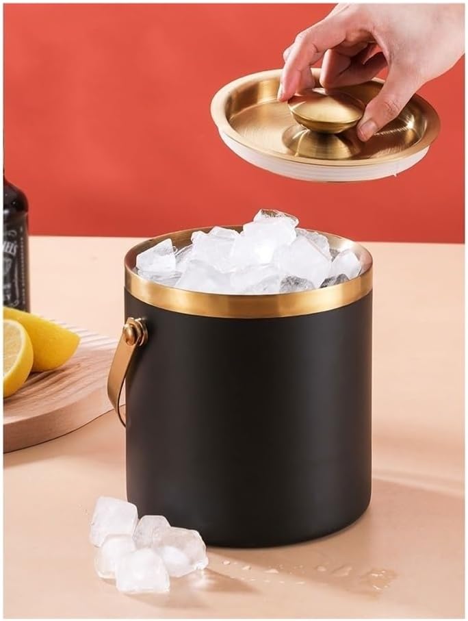 Ice Bucket, Stainless Steel Ice Bucket Double Insulated Keep Cold Champagne Wine Beer Bucket Ice Pellets Ice Cube Bucket Ice Buckets for Parties(Black,Large)