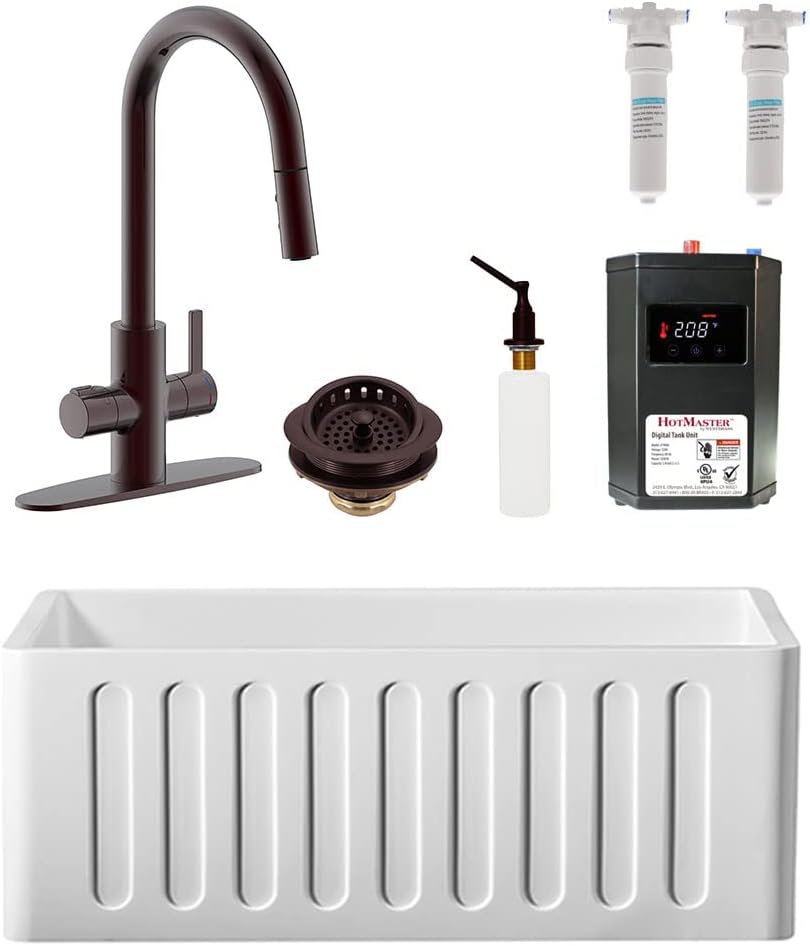 Westbrass BK124WH-12 24' Single Bowl Reversible Apron Front Solid Surface Kitchen Sink with 4 in 1 Function Faucet, Dual Water Filters, Drain Basket and Soap Dispenser, Oil Rubbed Bronze