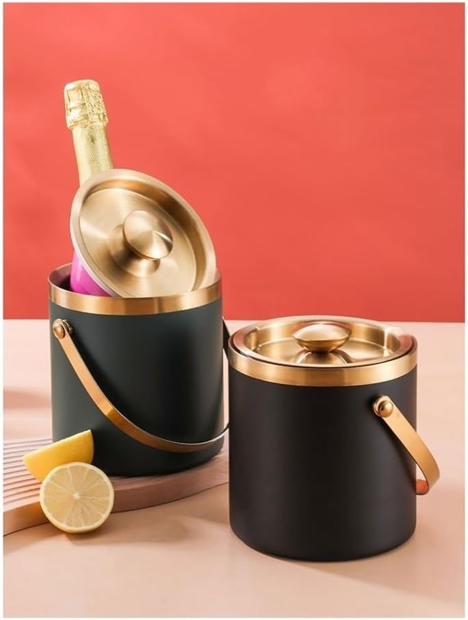 Ice Bucket, Stainless Steel Ice Bucket Double Insulated Keep Cold Champagne Wine Beer Bucket Ice Pellets Ice Cube Bucket Ice Buckets for Parties(Black,Medium)