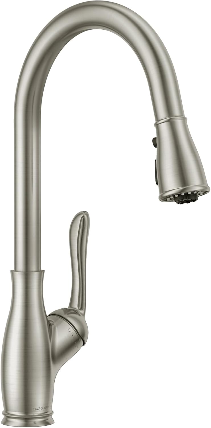 Lava Odoro Kitchen Faucet with Pull Down Sprayer, Brushed Nickel Kitchen Sink Faucet with Magnetic Docking Spray 3-Function, Brass Faucet for Kitchen Sink 1 Hole and 3 Hole with Deck Plate, KF271-BN