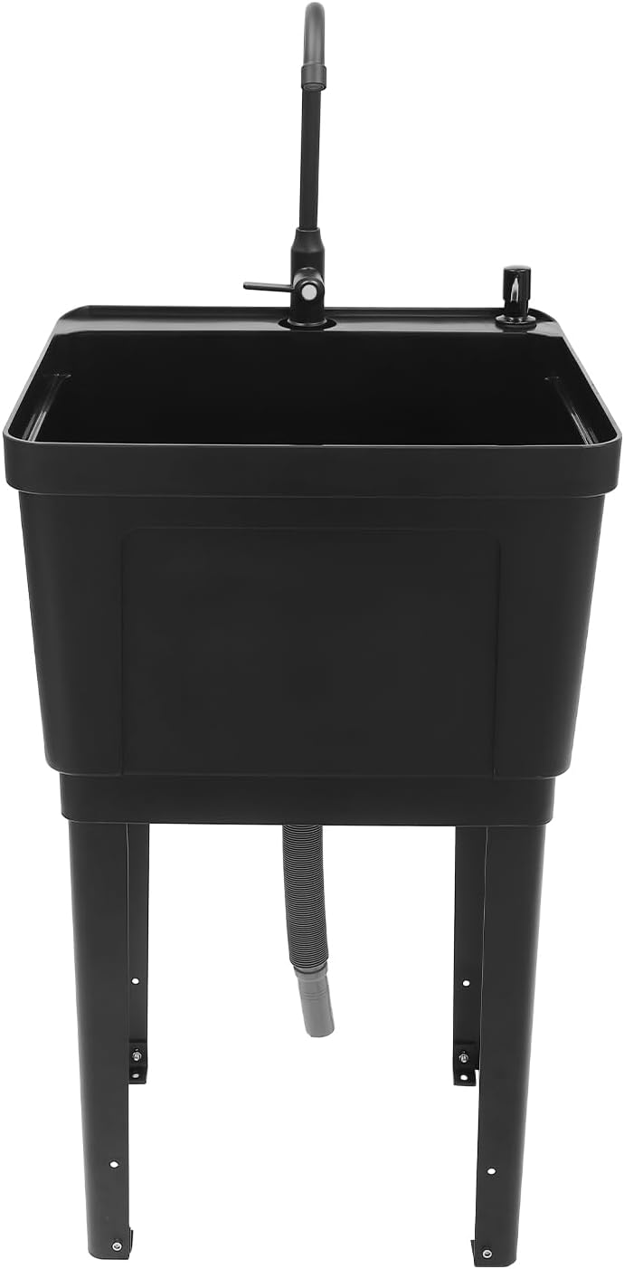 Freestanding Space Saver Utility Sink 19.68 * 19 * 33.07in kitchen Sink with Washboard Utility Sink with Cold and Hot Water Faucet, Hoses and Soap Dispenser for Laundry Room, Garage, Basement (Black)