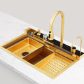 Digital Display Embossed Stainless Steel Nano Gold Waterfall Large Single Groove Kithchen Sink with Pressurized Cup Washer (31.5 X 18 Inch)