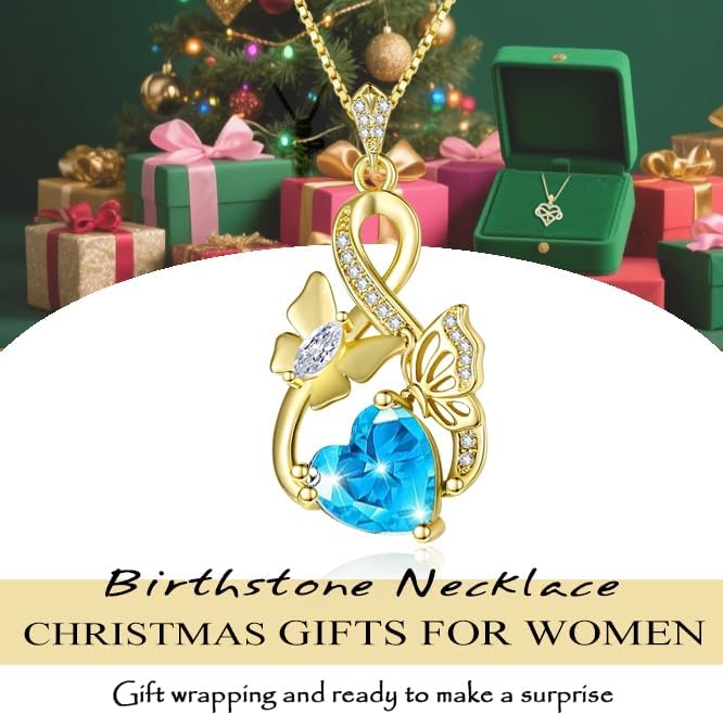 Gold Jewelry for Women Wife Infinity Necklace 18K White Gold Plated Dainty Butterfly Pendant with Heart Birthstone - Anniversary Necklaces for Women Birthday Gift Ideas Present for Girlfriend Mom Daughter