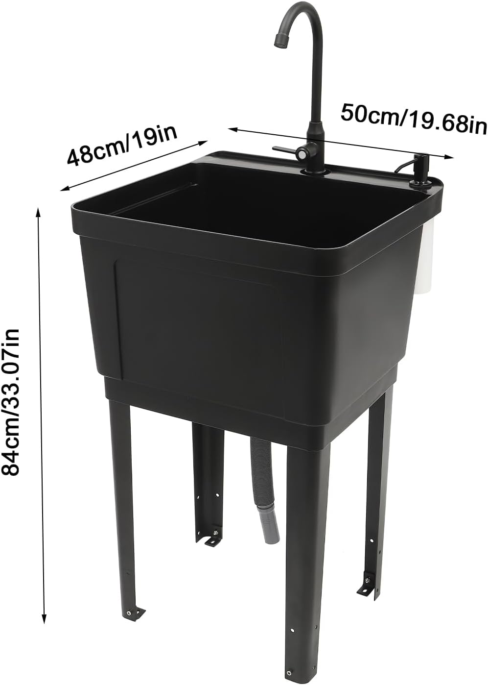 Freestanding Space Saver Utility Sink 19.68 * 19 * 33.07in kitchen Sink with Washboard Utility Sink with Cold and Hot Water Faucet, Hoses and Soap Dispenser for Laundry Room, Garage, Basement (Black)