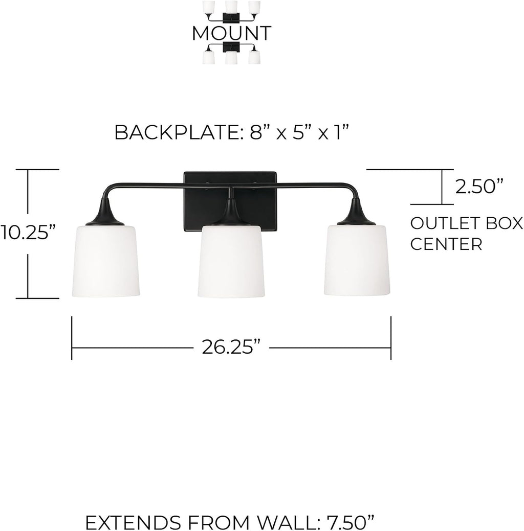 HomePlace Lighting 148931MB-541 Presley Transitional Rustic Soft White Glass Cone Vanity Light for Bathroom, 3-Light 300 Total Watts, 10' H x 26' W, Black