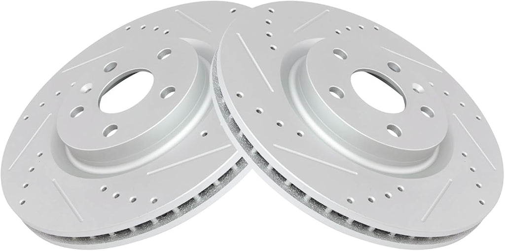 TRQ Performance Front Brake Pad and Rotor Set Ceramic Coated Drilled Slotted Vented Rotors Compatible with 2008-2014 Cadillac CTS