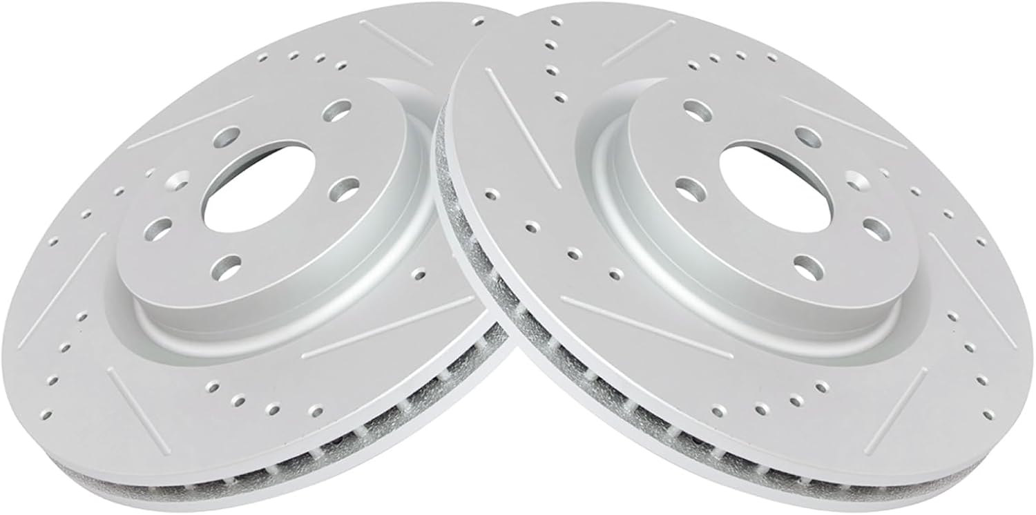 TRQ Performance Front Brake Pad and Rotor Set Ceramic Coated Drilled Slotted Vented Rotors Compatible with 2008-2014 Cadillac CTS