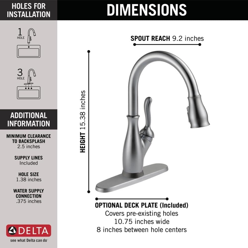 Delta Leland Brushed Nickel Touch Kitchen Faucet with Pull Down Sprayer, Traditional Single Hole Touch On Kitchen Sink Faucet, Single Handle, Arctic Stainless 9178T-AR-DST