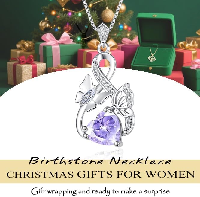Gold Jewelry for Women Wife Infinity Necklace 18K White Gold Plated Dainty Butterfly Pendant with Heart Birthstone - Anniversary Necklaces for Women Birthday Gift Ideas Present for Girlfriend Mom Daughter