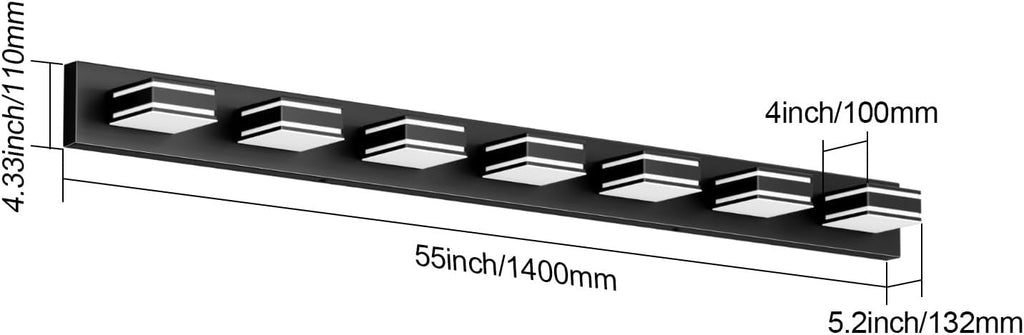 Ralbay 55inch Black Vanity Light for Bathroom 7-Light LED Modern Acrylic Matte Black Bathroom Wall Vanity Lighting Fixtures Over Mirror