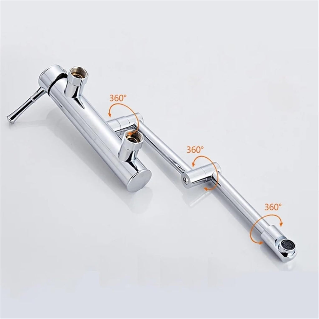 Brass Wall Mounted Dual Hole Kitchen Sink Foldable Mixer Tap Rotating Cold Hot Water Faucets(Chrome)