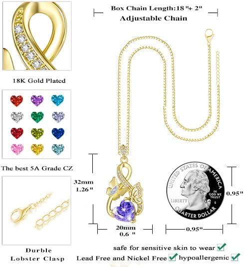 Gold Jewelry for Women Wife Infinity Necklace 18K White Gold Plated Dainty Butterfly Pendant with Heart Birthstone - Anniversary Necklaces for Women Birthday Gift Ideas Present for Girlfriend Mom Daughter