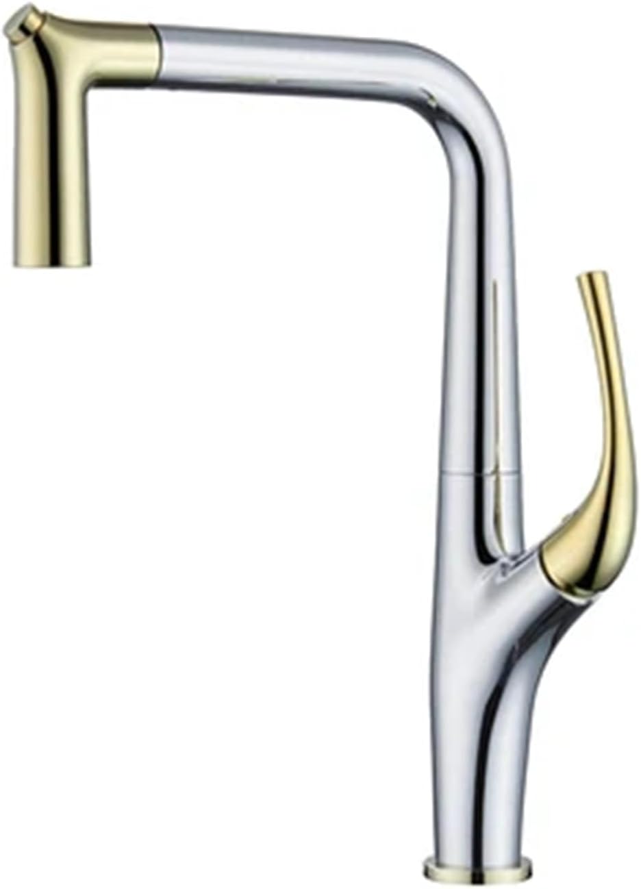 Kitchen Faucet Pull Out Single Lever Brass Rotation Hot and Cold Water Saving Decked Sink Mixer Tap(Chrome and Gold)