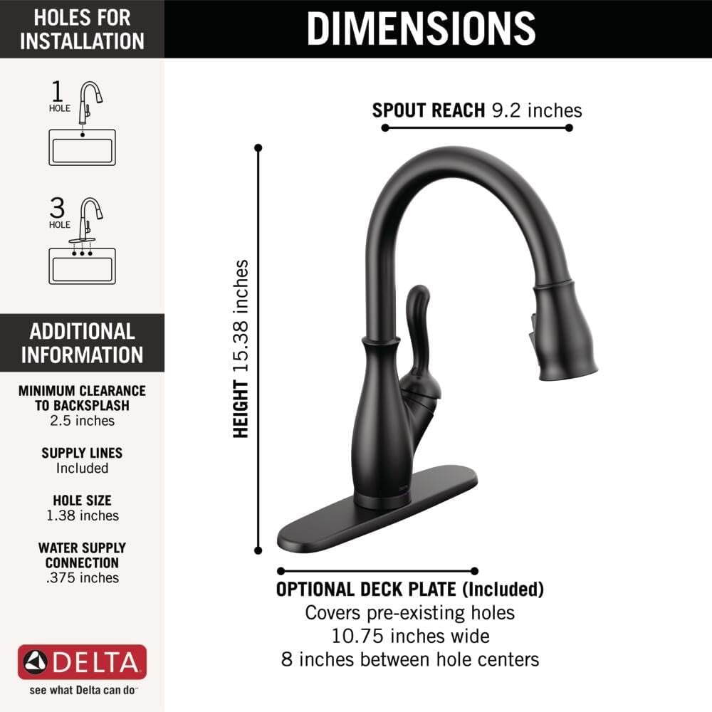 Delta Leland Matte Black Touch Kitchen Faucet with Pull Down Sprayer, Traditional Single Hole Touch On Kitchen Sink Faucet, Single Handle, Matte Black 9178T-BL-DST