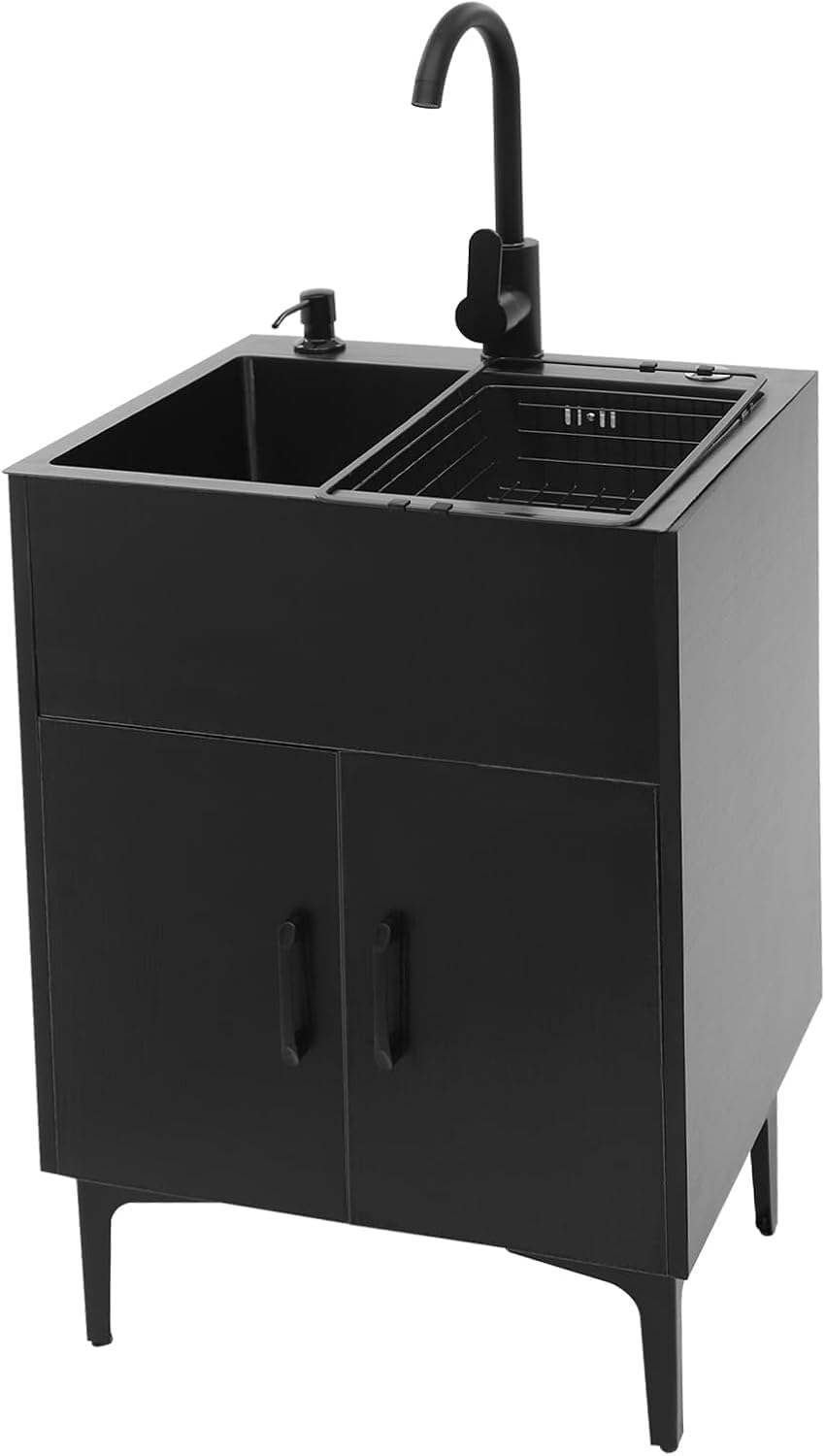20-Inch Laundry Sink with Cabinet & 360° Swivel Hot/Cold Fauce, Freestanding Kitchen Sink Cabinet with Stainless Steel Sink & Drain Basket, Black Cabinet with Sink for Laundry & Utility Room