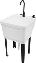 Freestanding Space Saver Utility Sink 19.68 * 19 * 33.07in kitchen Sink with Washboard Utility Sink with Cold and Hot Water Faucet, Hoses and Soap Dispenser for Laundry Room, Garage, Basement (White)