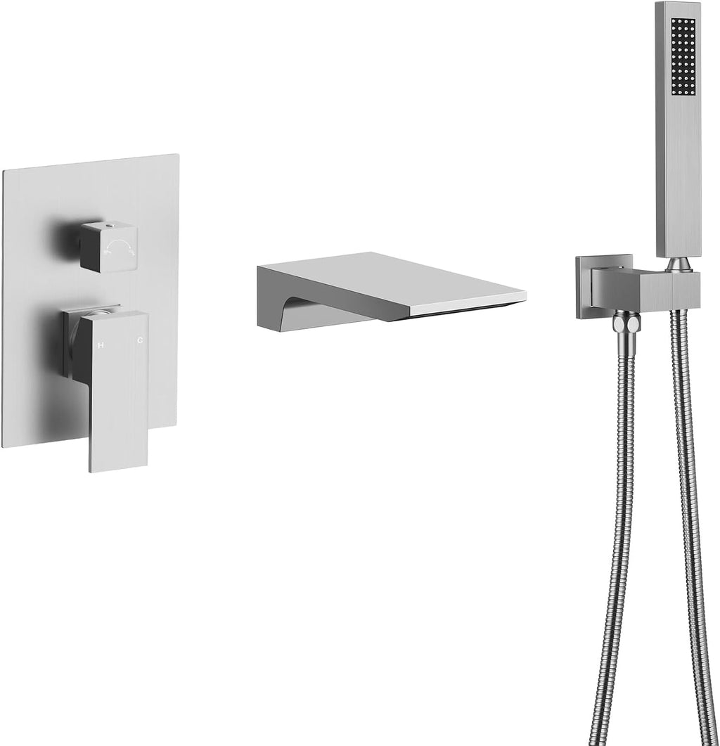 Wall Mounted Bathtub Shower Faucet Set, Bathroom Shower Fixtures Set Combo with Tub Spout and Handheld Shower Head Spray, Brushed Nickel