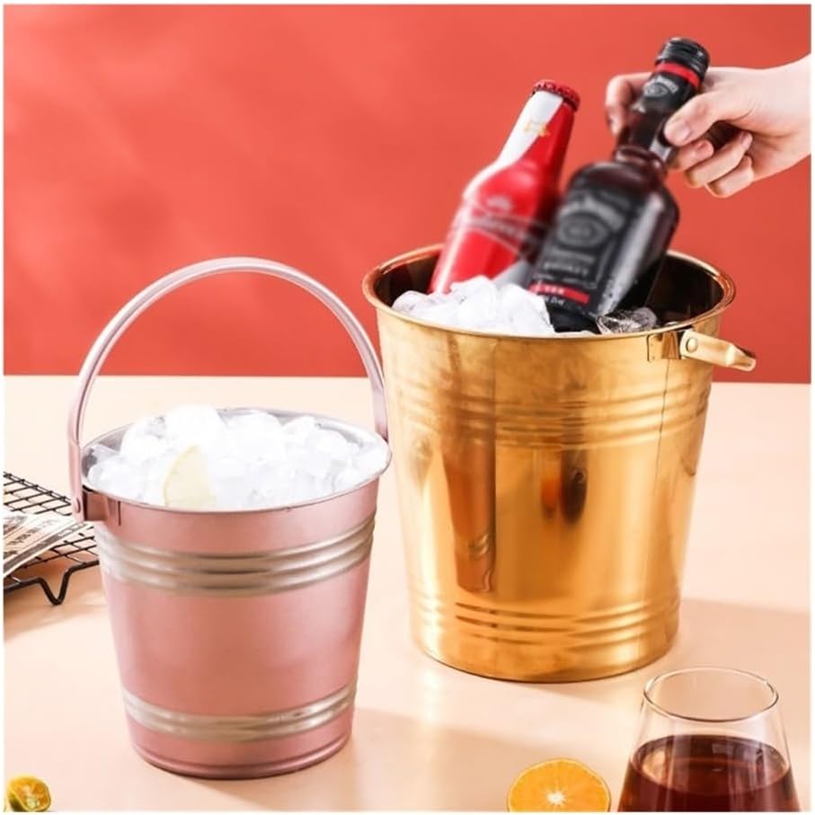 Ice Bucket, 304 Stainless Steel Ice Bucket Bar Restaurant Ice Grain Bucket French Fries Fried Chicken Snacks Carry Bucket Champagne Red Wine Bucket Ice Buckets for Parties(Pink,Large)
